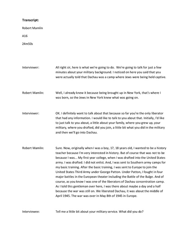 Robert (Bob) Mamlin, Interview Transcript